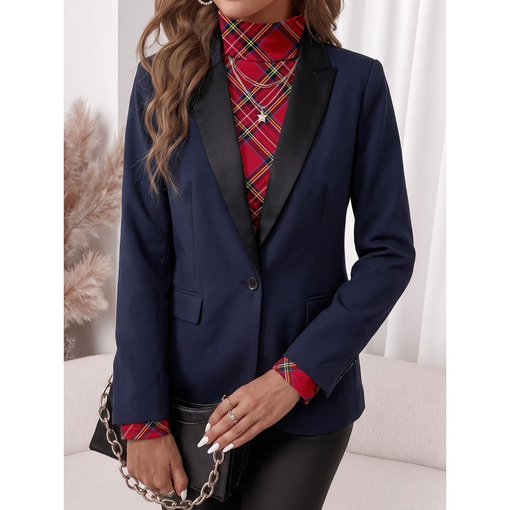 Ann Taylor Tuxedo Blazer‎ Womens 8 Navy Blue Black Satin Lapel Single Button NEW